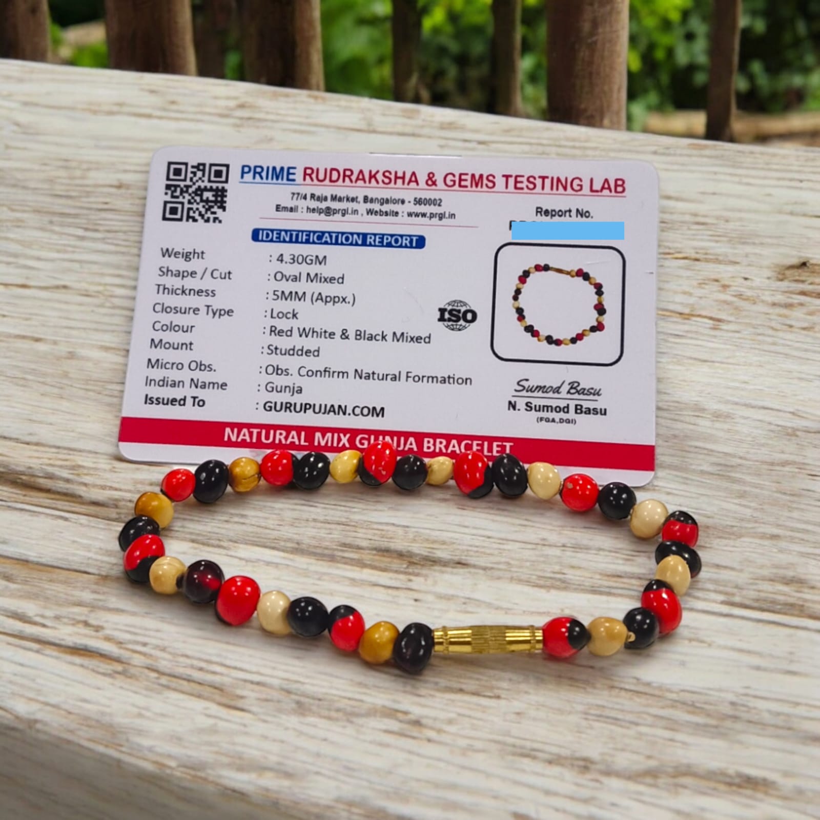 Mix Gunja Bracelet featuring natural red, white, and black Ratti beads with screw lock for secure fit, Lab Certified for authenticity.