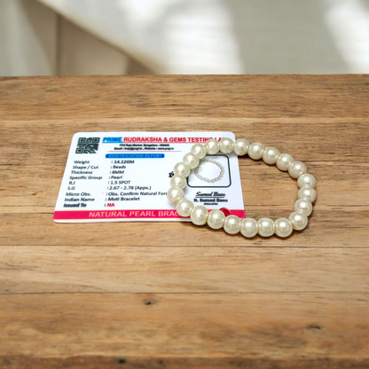 Moti Bracelet with 8MM smooth, natural pearl beads, stretchable design with certificate, promoting inner peace and emotional balance.