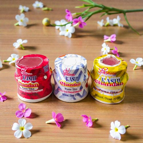 Shree Kashi Chandan Paste Tika Yellow, Red & White | Scented Keshar 30gm – Gurupujan