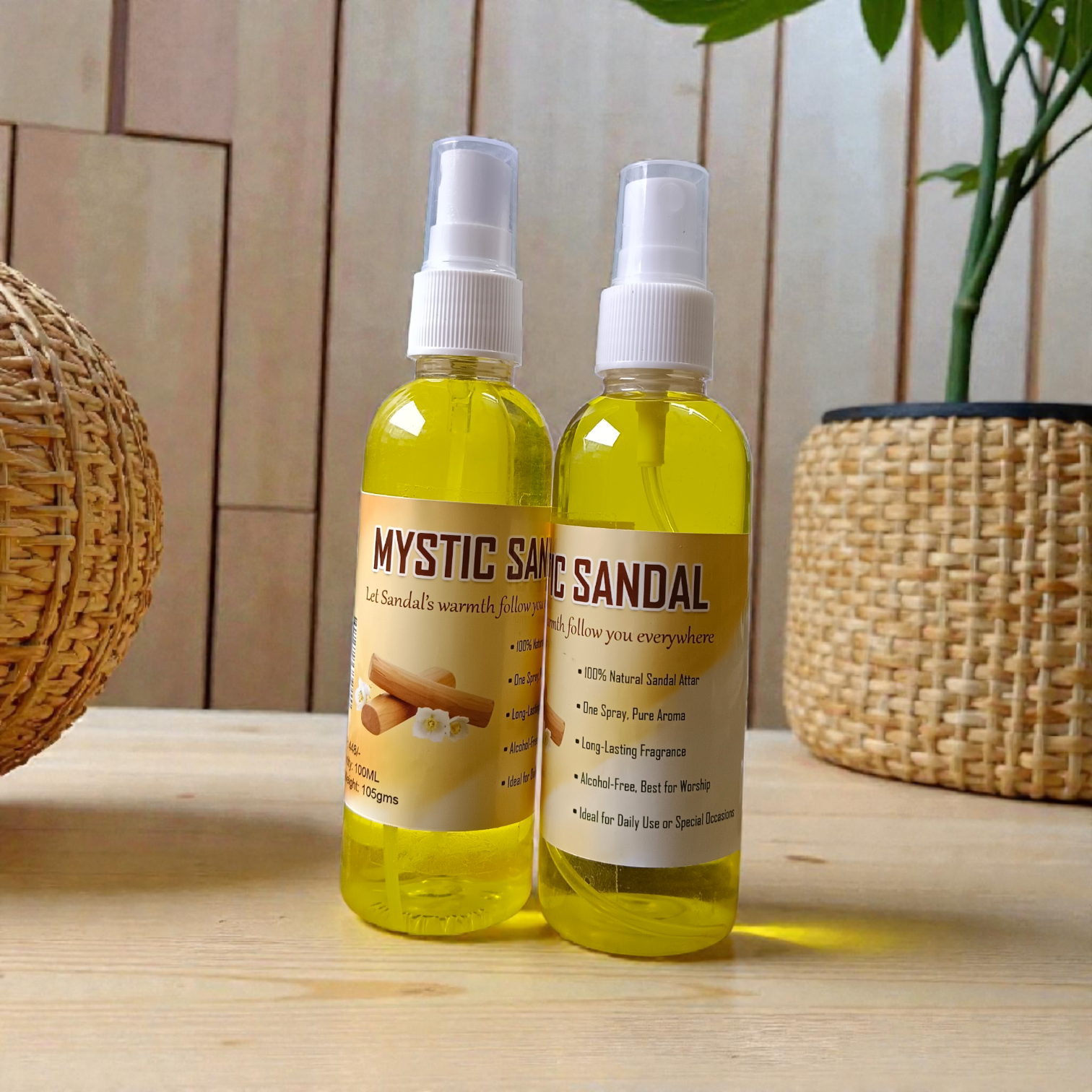 Mystic Sandal Spray Attar 100ML set of two bottles with premium sandalwood fragrance packaging