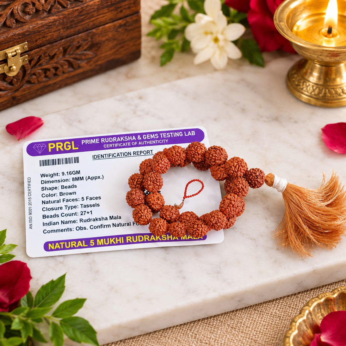 Natural 5 Mukhi Rudraksha Mala 27+1 Beads 8mm Lab Certified for Meditation