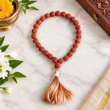 Natural 5 Mukhi Rudraksha Mala 27+1 Beads 8mm Lab Certified for Meditation