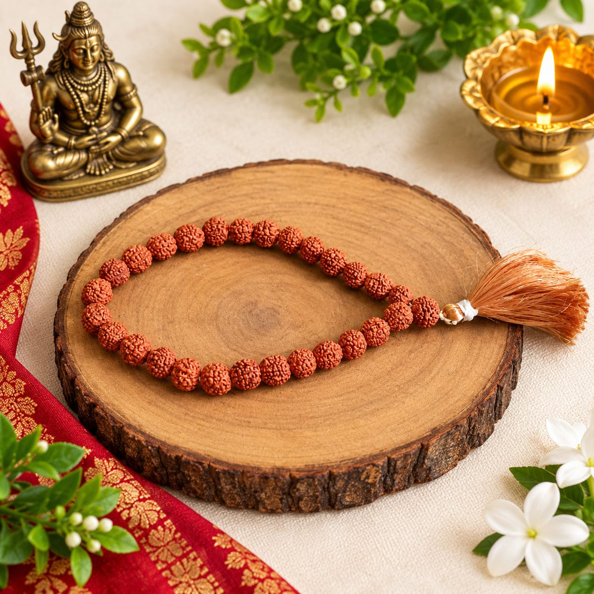 Natural 5 Mukhi Rudraksha Mala 27+1 Beads 8mm Lab Certified for Meditation