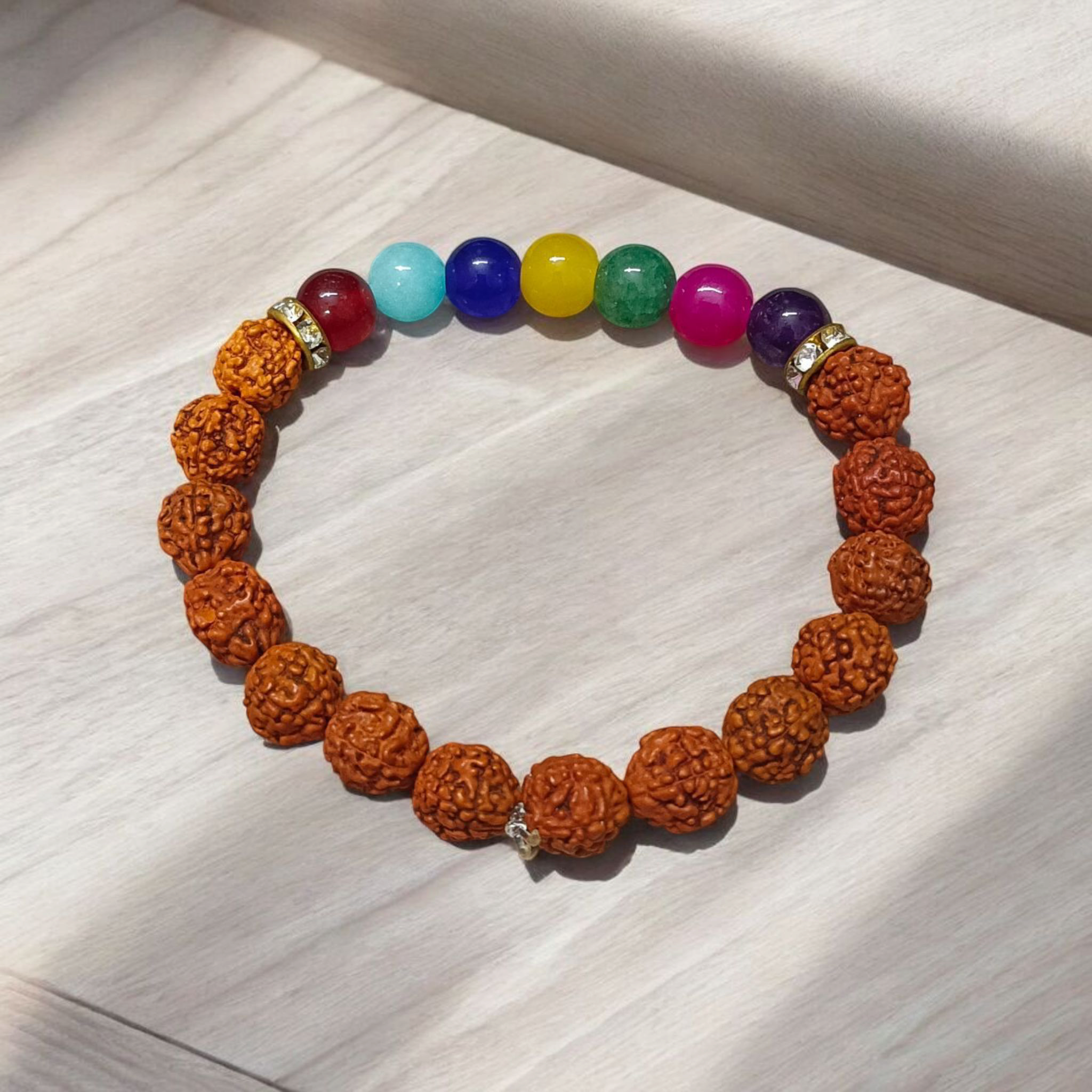 Natural 7 Chakra & Rudraksha Bracelet – 8mm Stretchable Beads with Lab Certified Healing Stones for Chakra Balancing