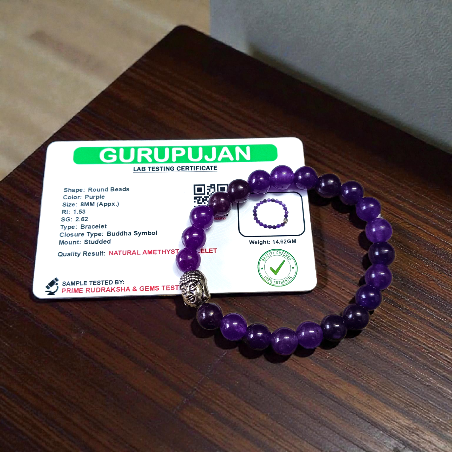 Natural Amethyst Bracelet with polished purple beads, stretchable design, placed on a neutral background