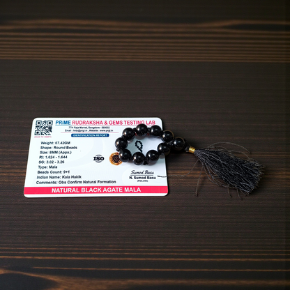 Natural Black Agate Kaka Hakik Finger Mala 9+1 Beads Lab Certified 8mm