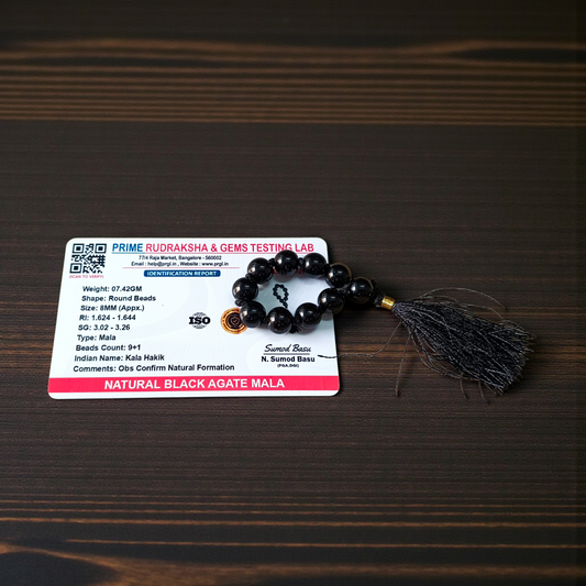 Natural Black Agate Kaka Hakik Finger Mala 9+1 Beads Lab Certified 8mm