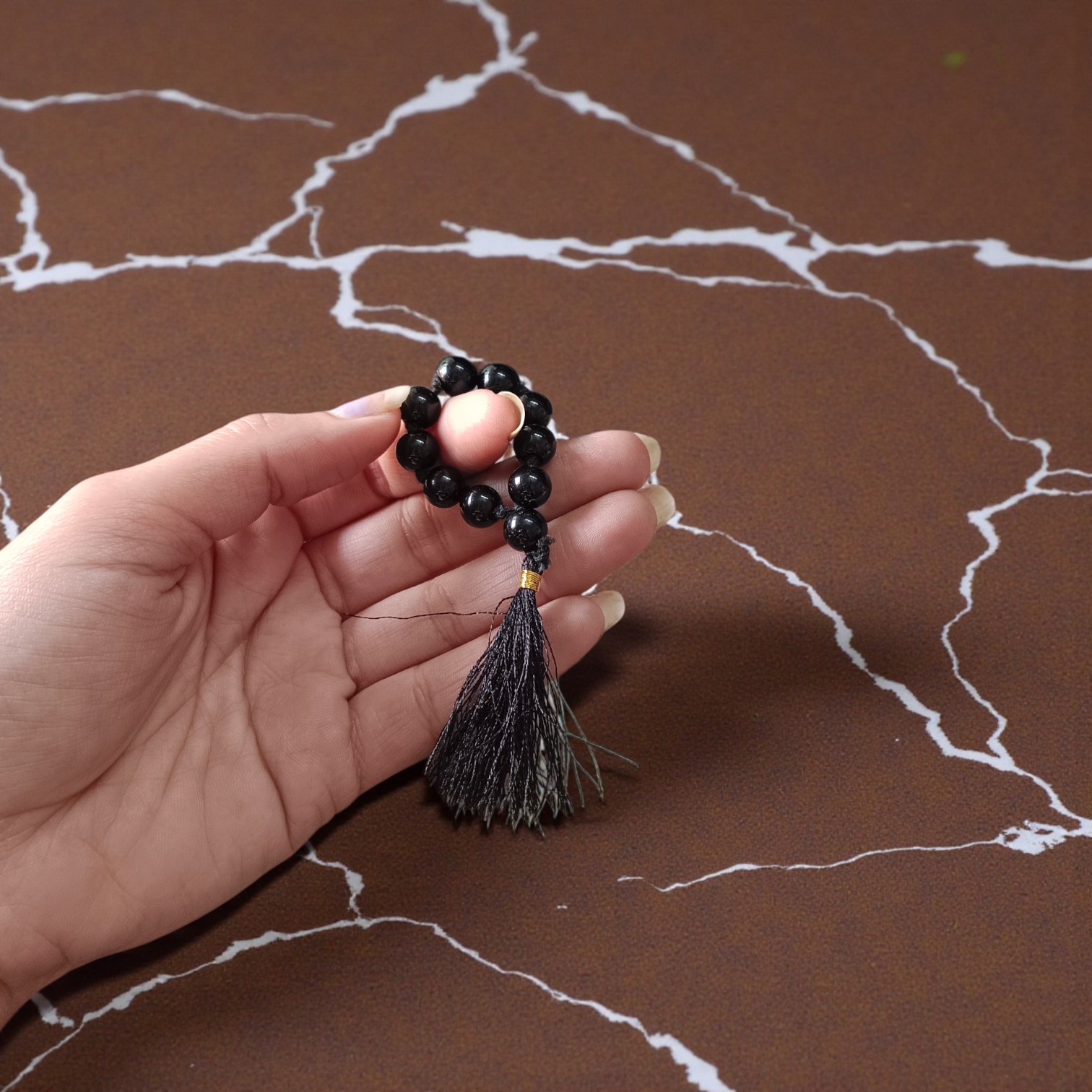 Natural Black Agate Kaka Hakik Finger Mala 9+1 Beads Lab Certified 8mm