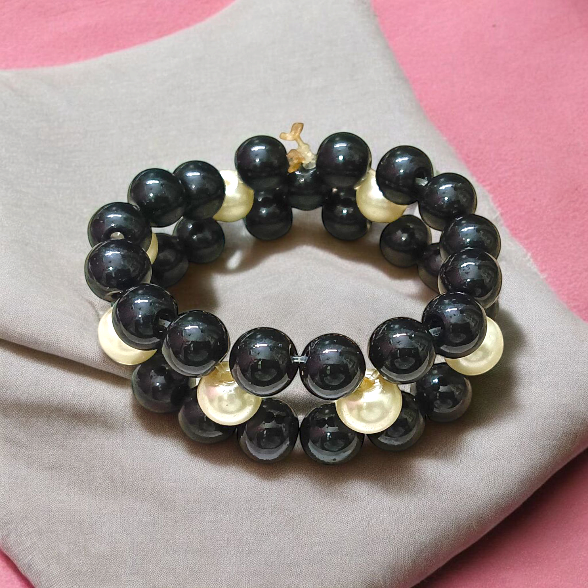 Natural Black Agate and Pearl bracelet with polished round beads, elastic thread, spiritual and stylish design for protection and attraction