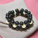 Natural Black Agate and Pearl bracelet with polished round beads, elastic thread, spiritual and stylish design for protection and attraction