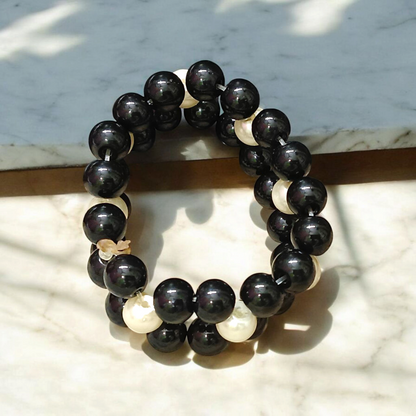 Natural Black Agate and Pearl bracelet with polished round beads, elastic thread, spiritual and stylish design for protection and attraction