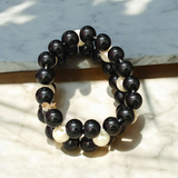 Natural Black Agate and Pearl bracelet with polished round beads, elastic thread, spiritual and stylish design for protection and attraction