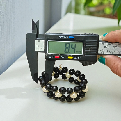 Natural Black Agate and Pearl bracelet with polished round beads, elastic thread, spiritual and stylish design for protection and attraction