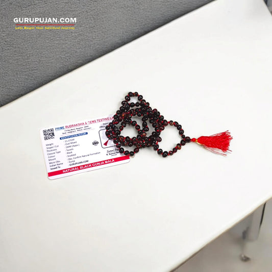 Natural Black Gunja Mala made from premium black Chirmi beads, ideal for protection against evil eye and enhancing power, available in various formats