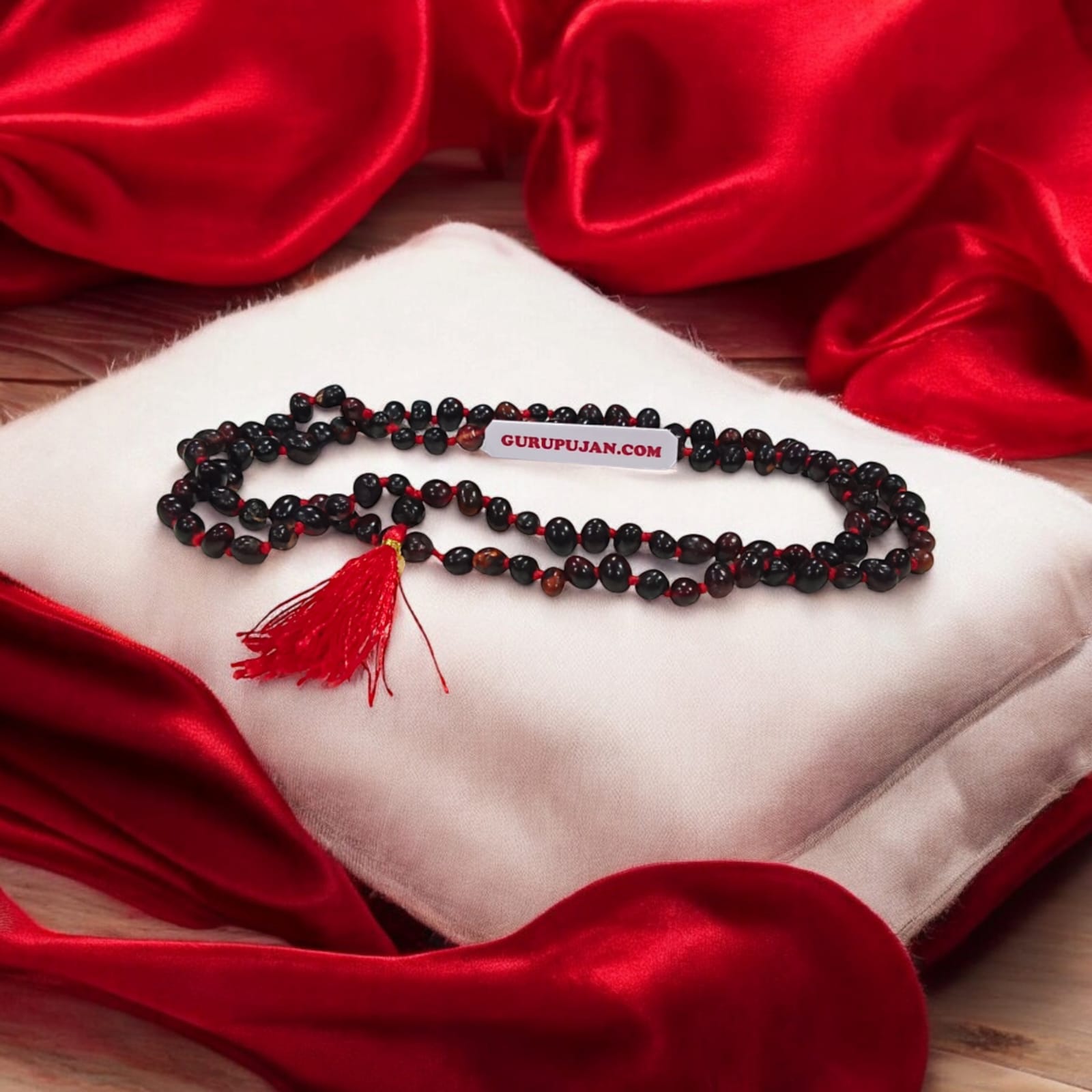 Natural Black Gunja Mala made from premium black Chirmi beads, ideal for protection against evil eye and enhancing power, available in various formats