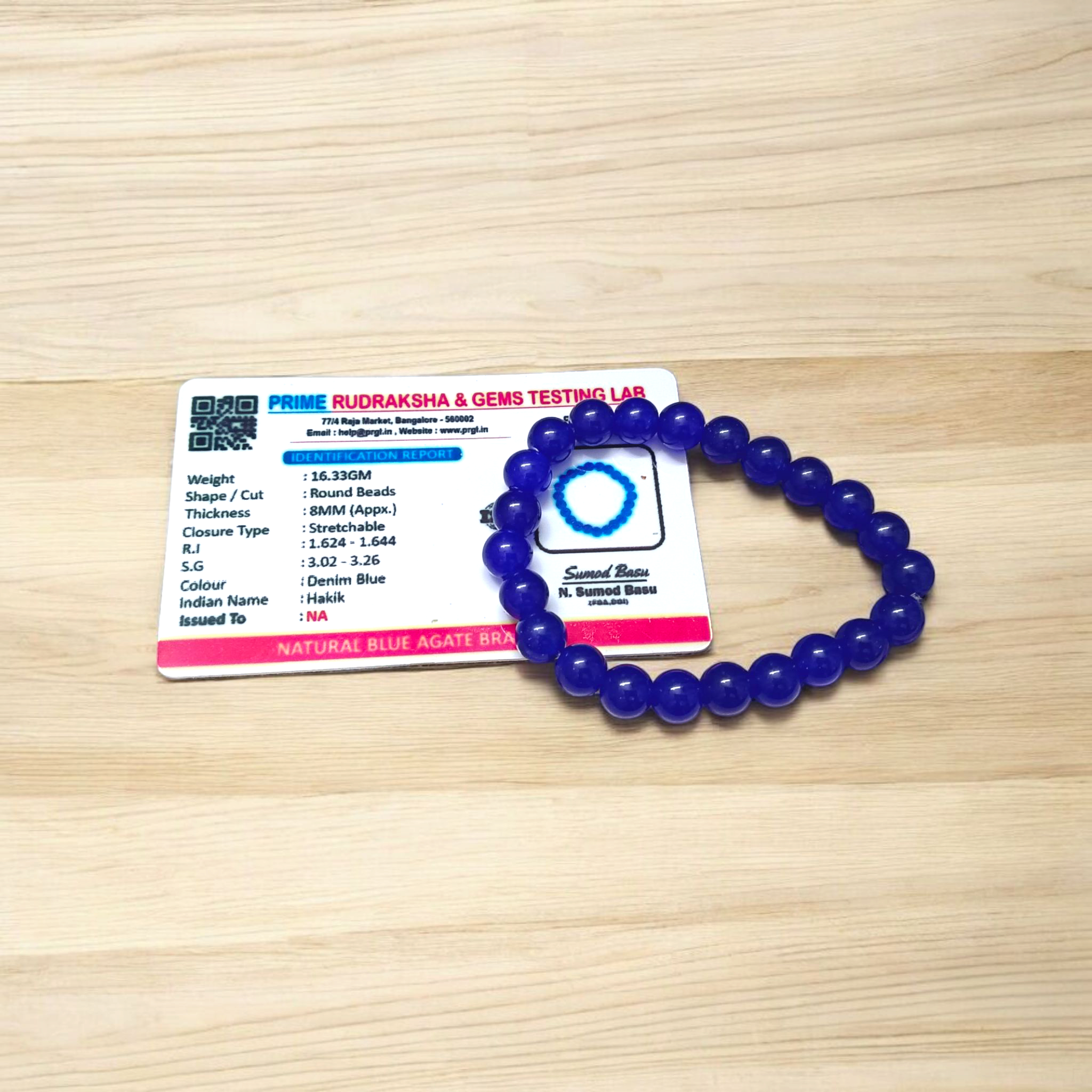 Natural Blue Agate (Blue Hakik) Stretchable Bracelet with 8mm Beads – Lab Certified