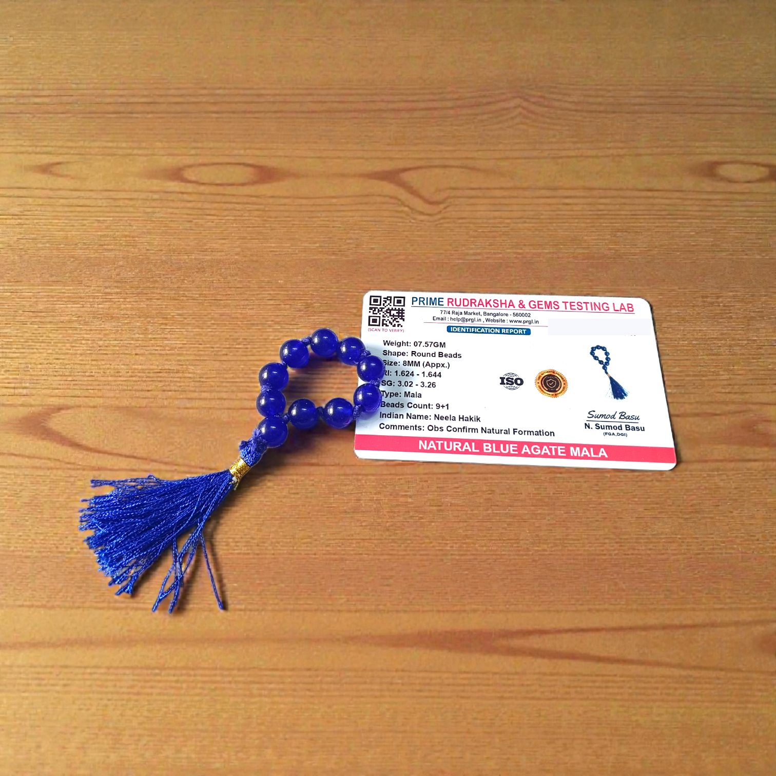 Natural Blue Agate Neela Hakik Finger Mala 9+1 Beads Lab Certified 8mm