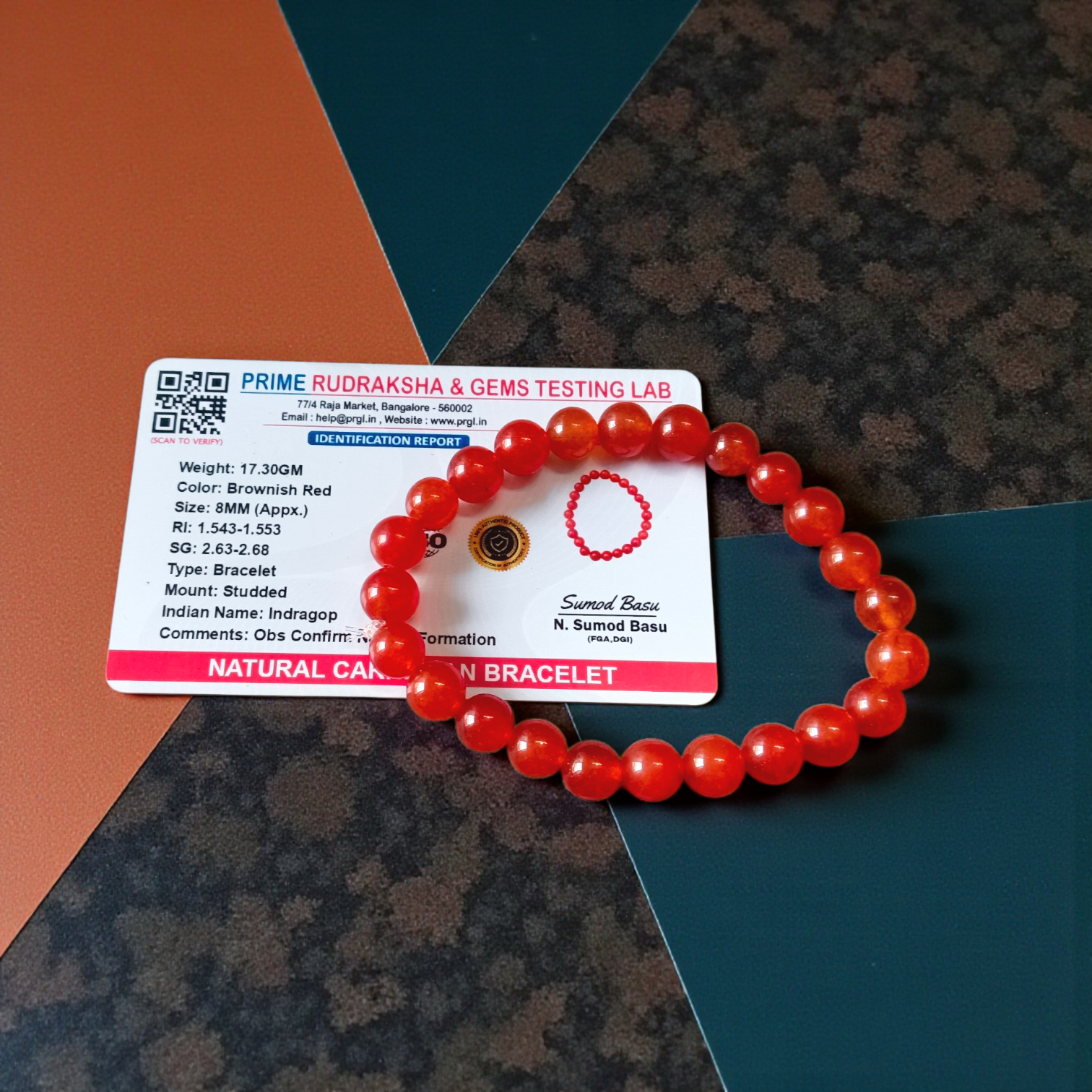 Natural Carnelian Bracelet with 8mm round beads on stretchable string, lab certified