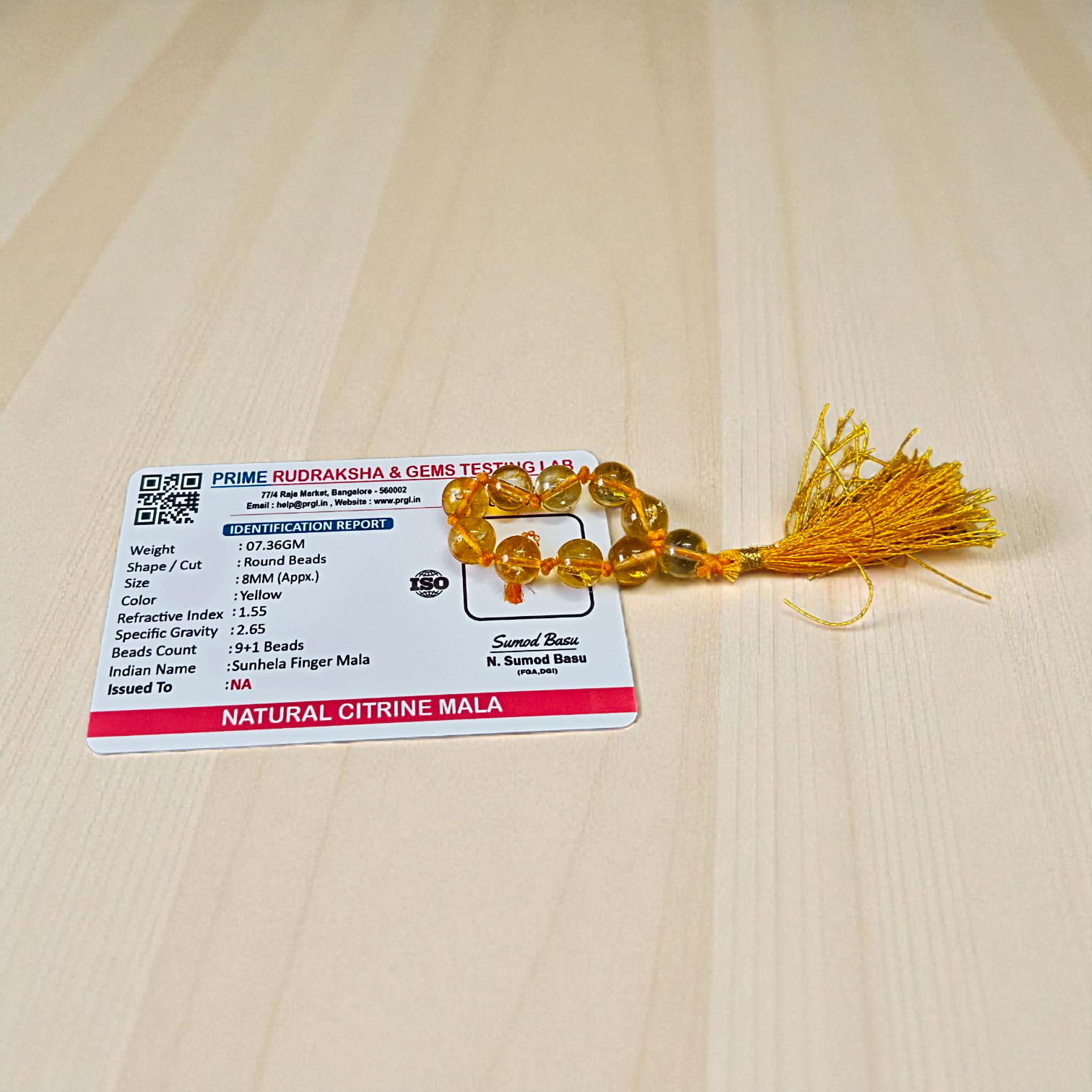 Natural Citrine Finger Mala with 9+1 polished 8mm Sunhela beads, lab-certified gemstone mala used for prosperity and meditation