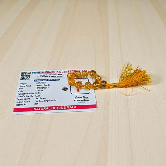 Natural Citrine Finger Mala with 9+1 polished 8mm Sunhela beads, lab-certified gemstone mala used for prosperity and meditation