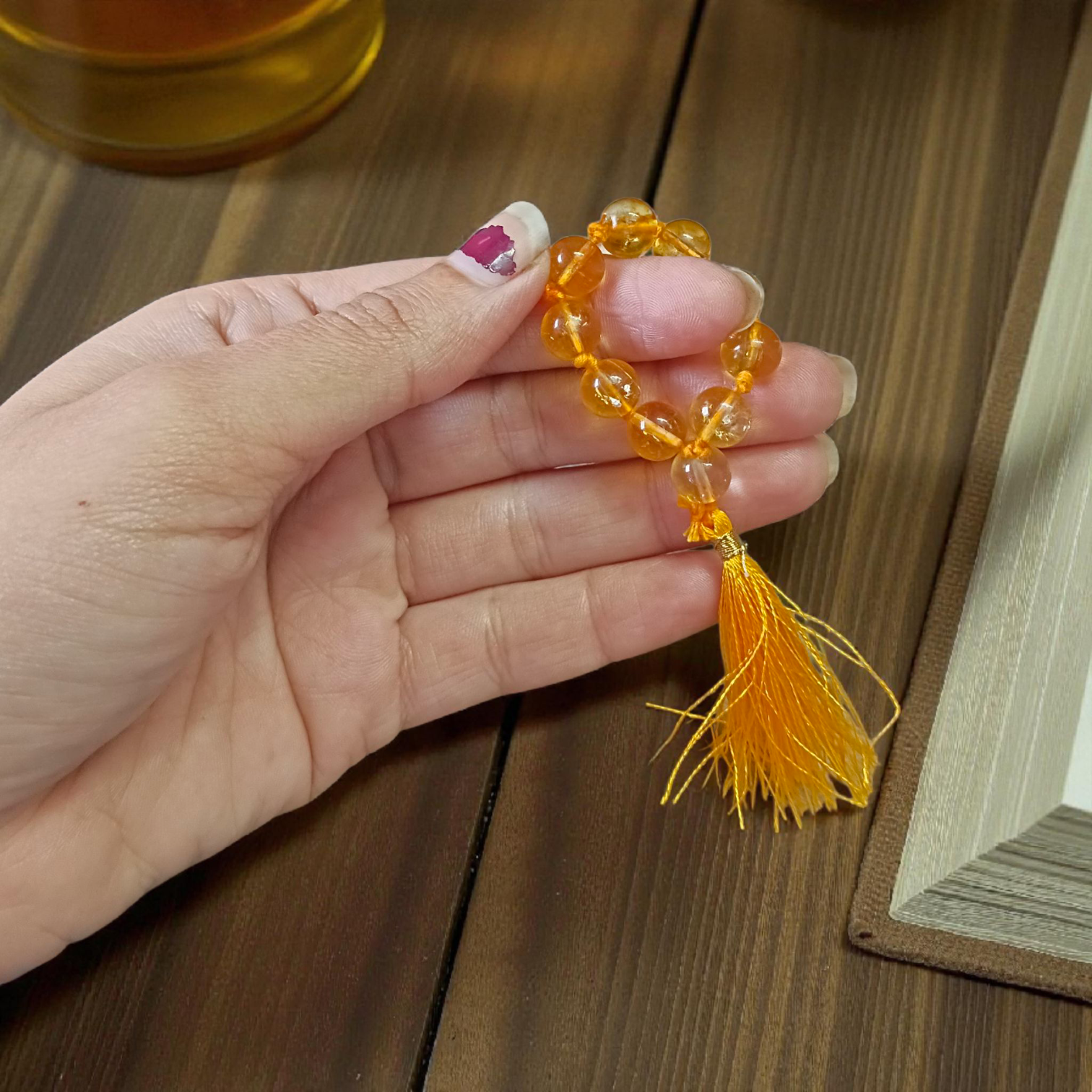 Natural Citrine Finger Mala with 9+1 polished 8mm Sunhela beads, lab-certified gemstone mala used for prosperity and meditation