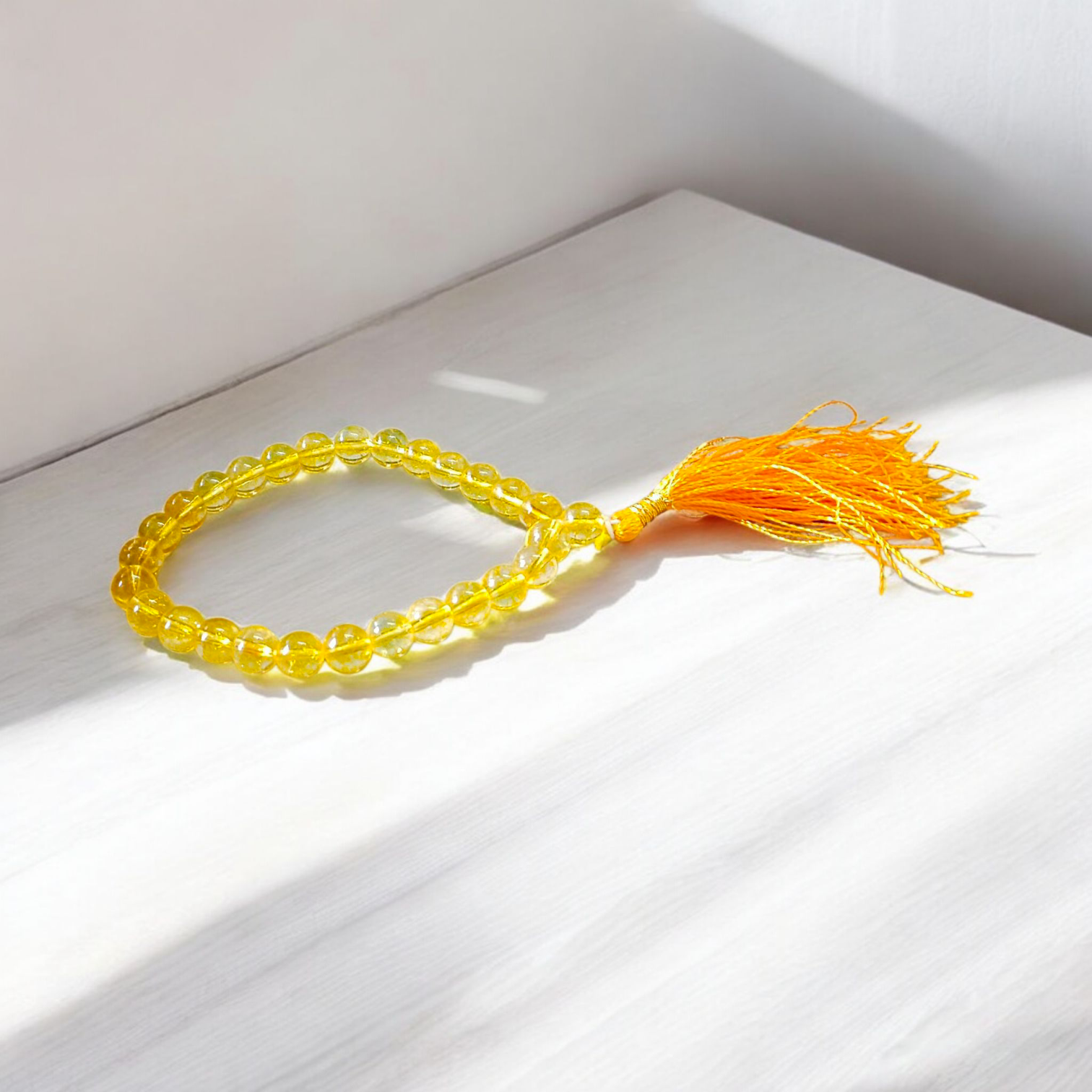 Natural Citrine Mala with 27+1 round 8mm beads, ideal for spiritual japa meditation, chanting, and manifestation practices