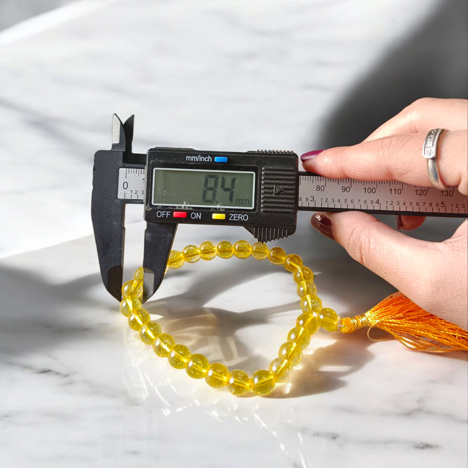 Natural Citrine Mala with 27+1 round 8mm beads, ideal for spiritual japa meditation, chanting, and manifestation practices