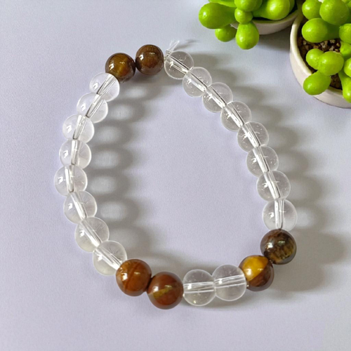 Clear Quartz & Tiger Eye Healing Bracelet 8MM Stretchable Lab Certified