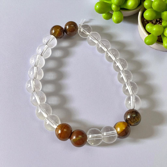 Natural Clear Quartz and Tiger Eye Bracelet 8MM Stretchable Lab Certified Crystal Healing Bracelet for Wealth Protection Energy Balance