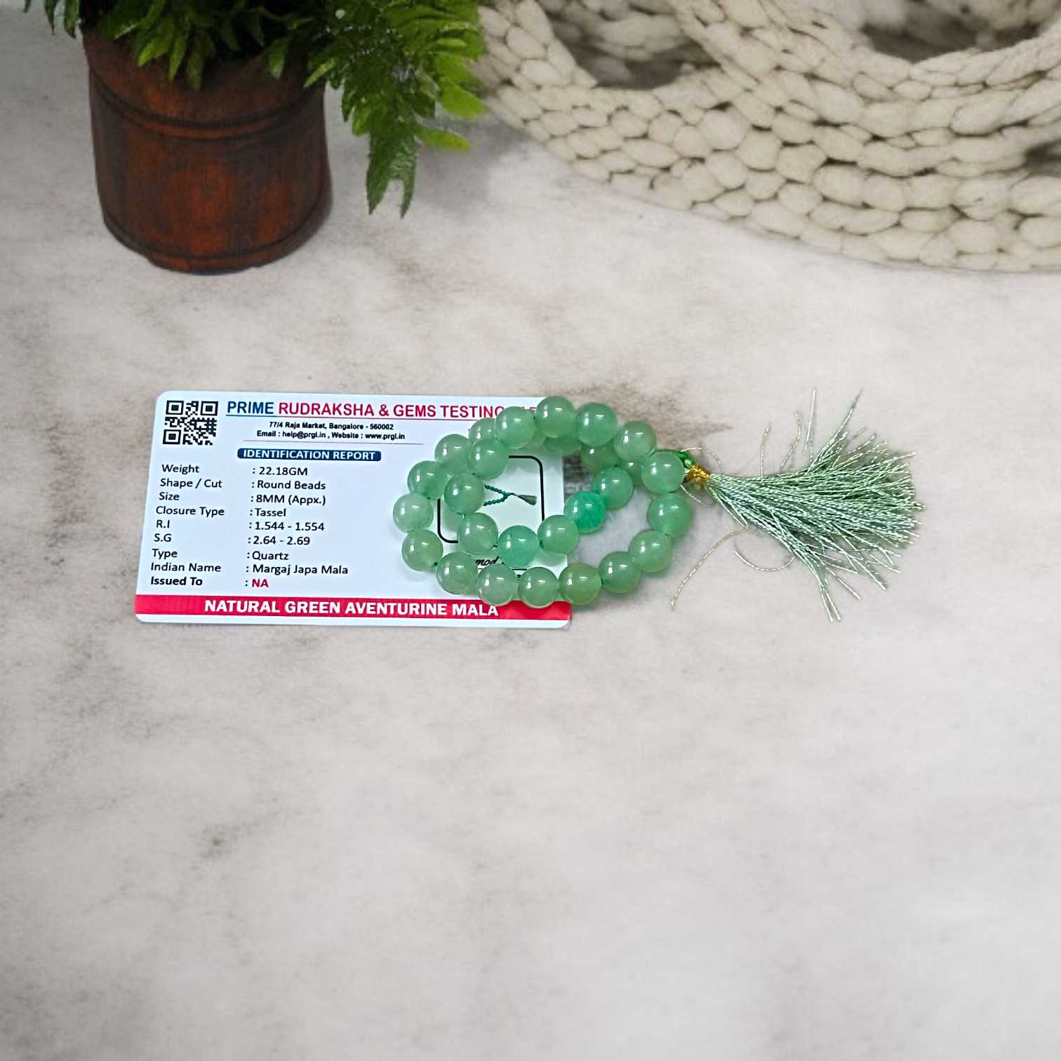 Natural Green Aventurine Japa Mala with 108+1 and 27+1 beads, 8mm lab-certified Margaj stone for meditation, chanting, and healing by Gurupujan