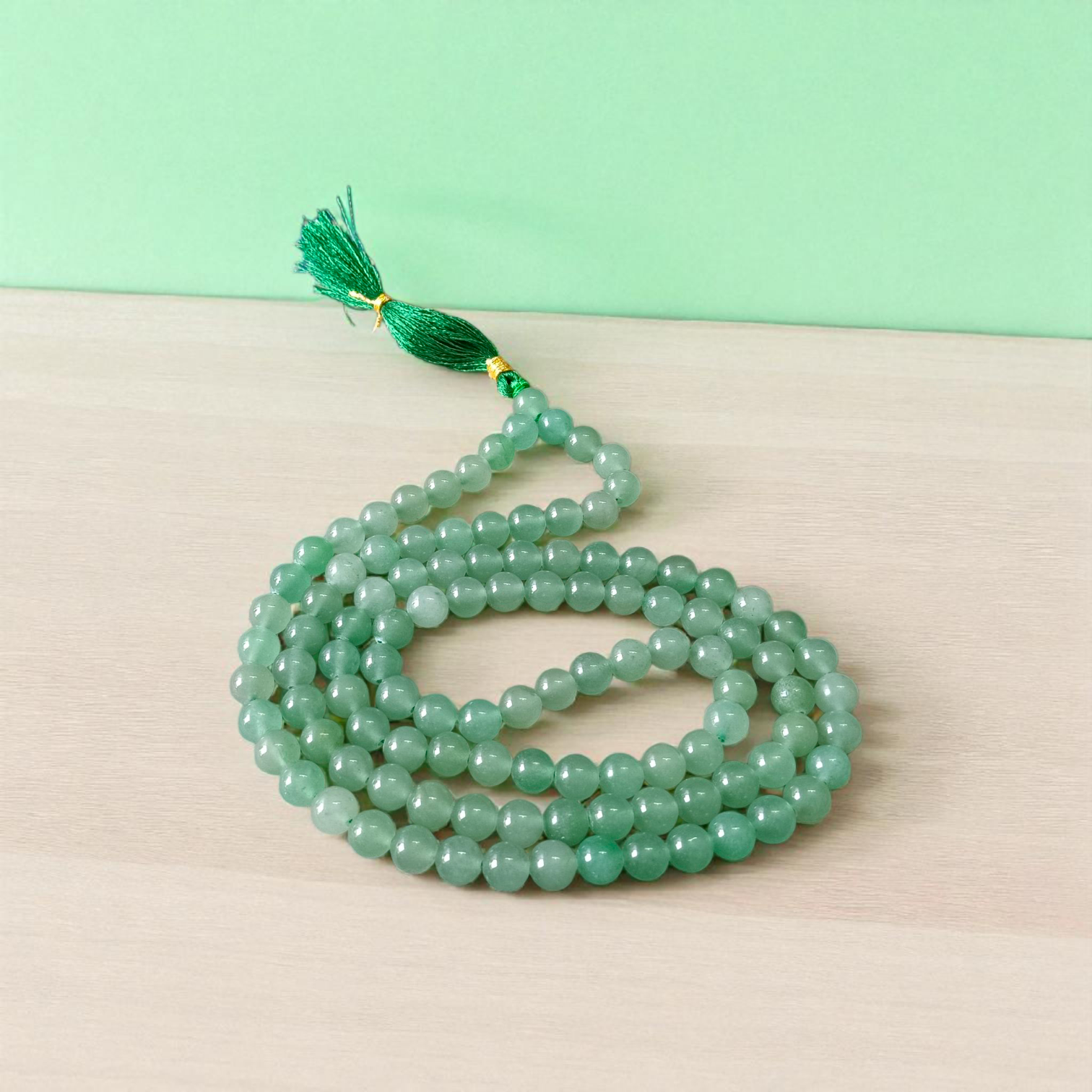 Natural Green Aventurine Japa Mala with 108+1 and 27+1 beads, 8mm lab-certified Margaj stone for meditation, chanting, and healing by Gurupujan