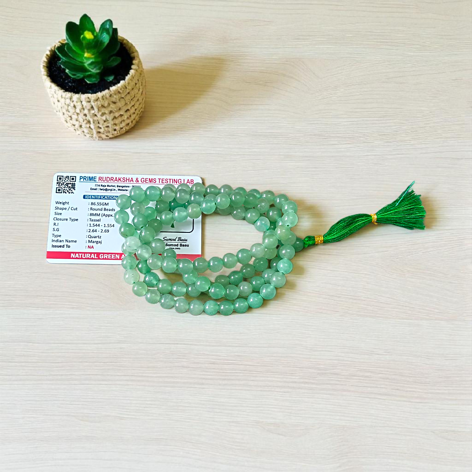 Natural Green Aventurine Japa Mala with 108+1 and 27+1 beads, 8mm lab-certified Margaj stone for meditation, chanting, and healing by Gurupujan