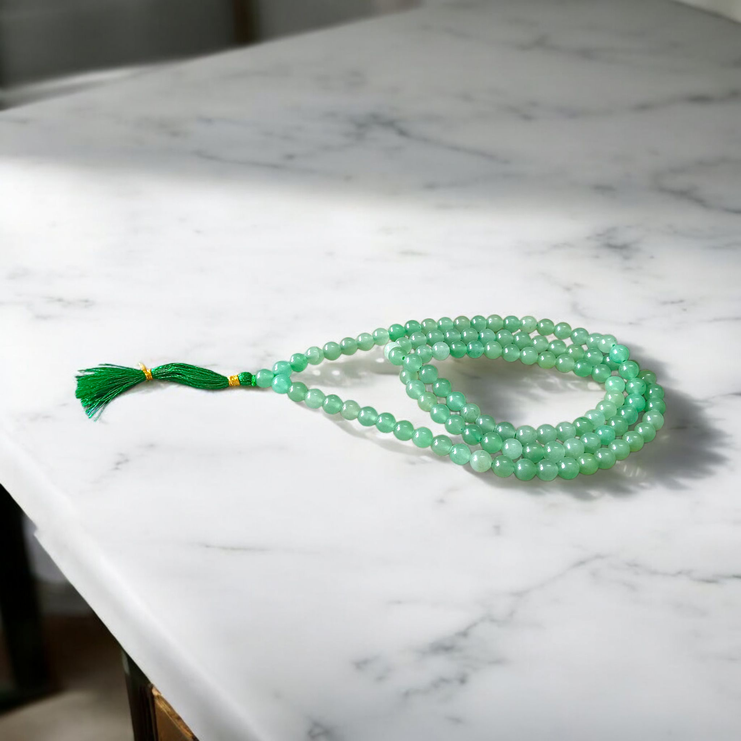 Natural Green Aventurine Japa Mala with 108+1 and 27+1 beads, 8mm lab-certified Margaj stone for meditation, chanting, and healing by Gurupujan