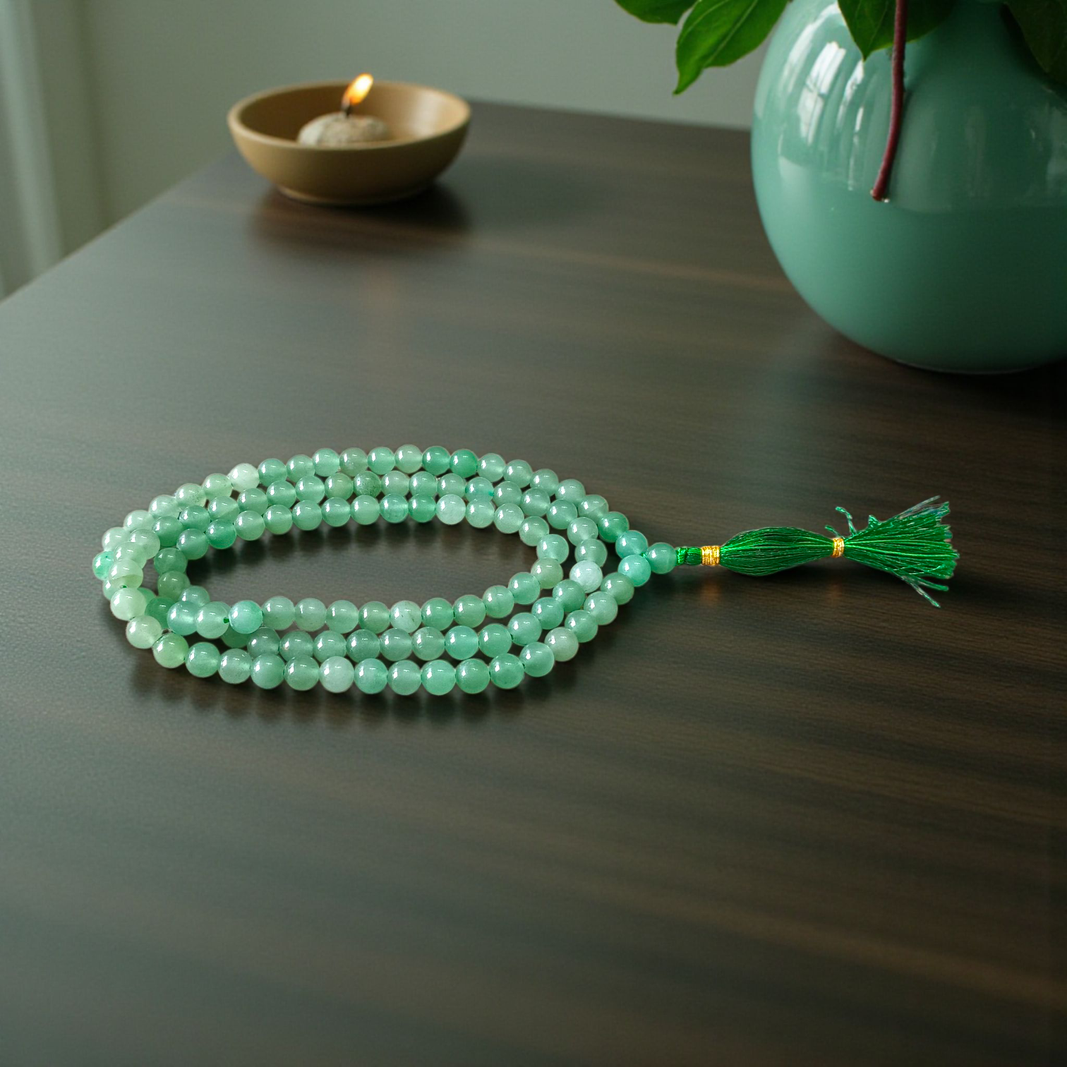Natural Green Aventurine Japa Mala with 108+1 and 27+1 beads, 8mm lab-certified Margaj stone for meditation, chanting, and healing by Gurupujan