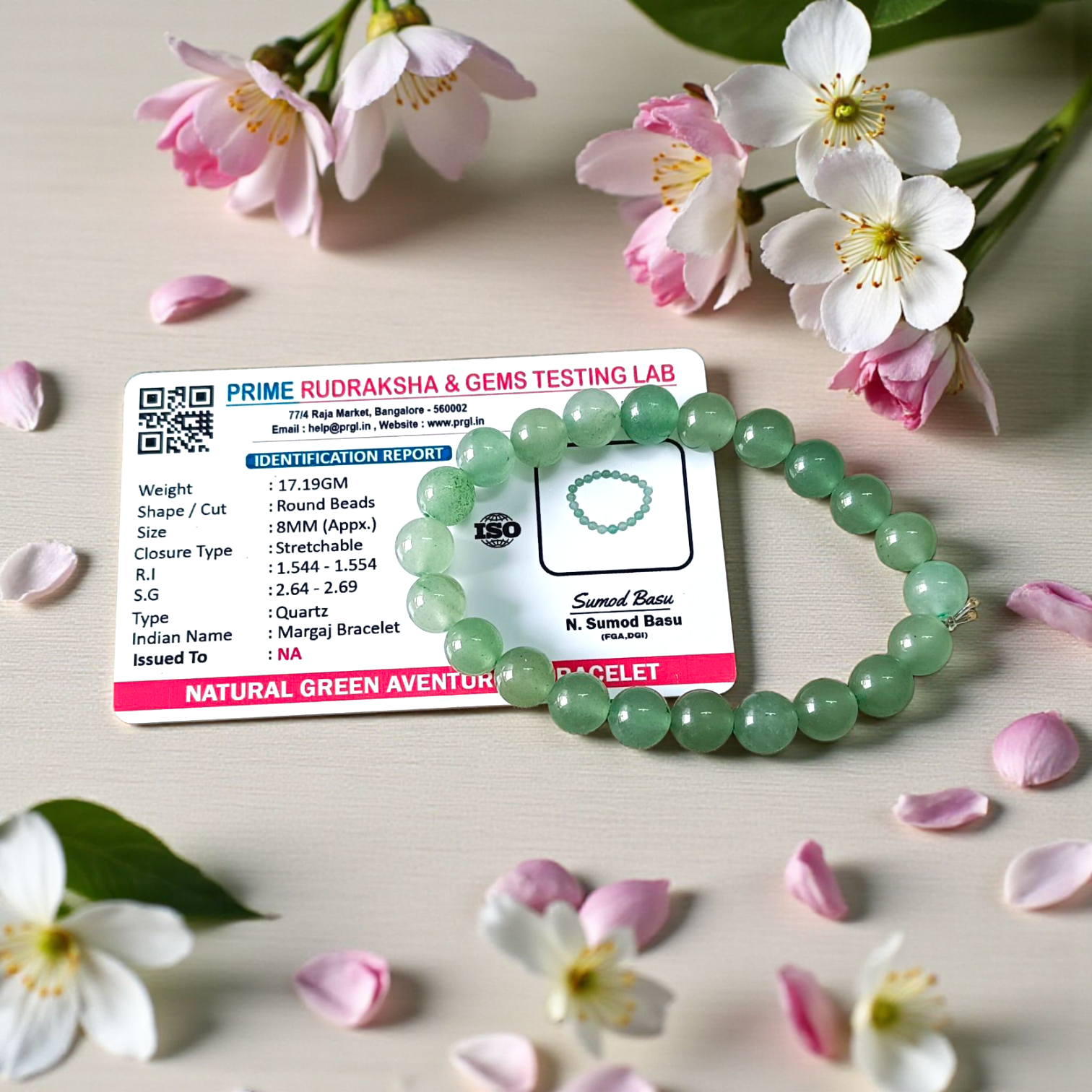 Natural Green Aventurine (Margaj) Bracelet with 8mm Stretchable Beads – Lab Certified Healing Stone Bracelet for Prosperity and Positive Energy