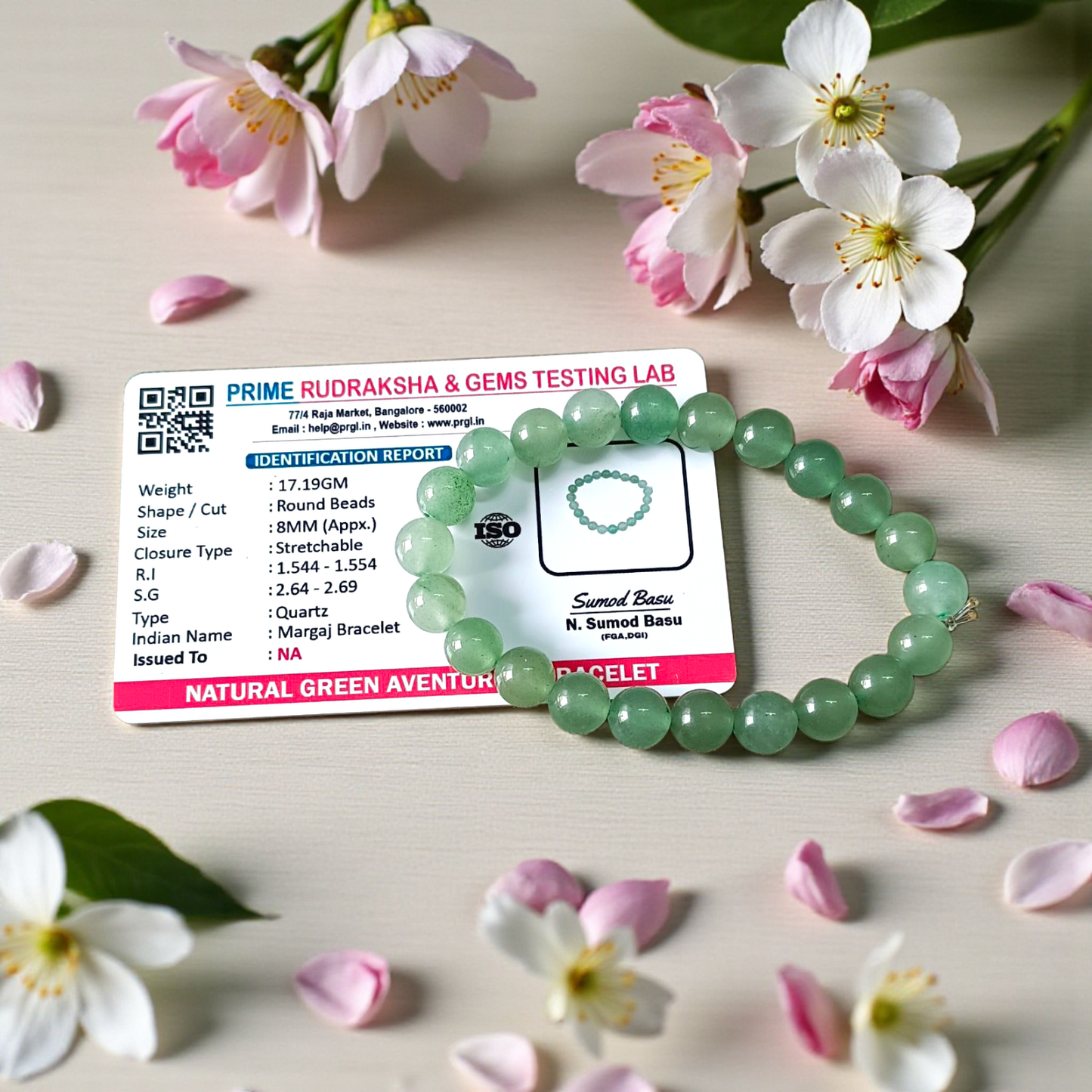 Natural Green Aventurine (Margaj) Bracelet with 8mm Stretchable Beads – Lab Certified Healing Stone Bracelet for Prosperity and Positive Energy