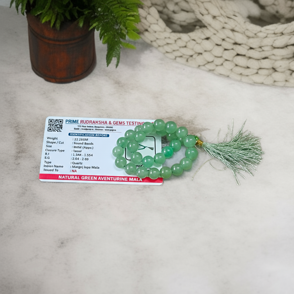 Natural Green Aventurine Margaj Japa Mala with 27+1 Beads (8mm) – Lab Certified Meditation Mala for Energy Cleansing and Prosperity