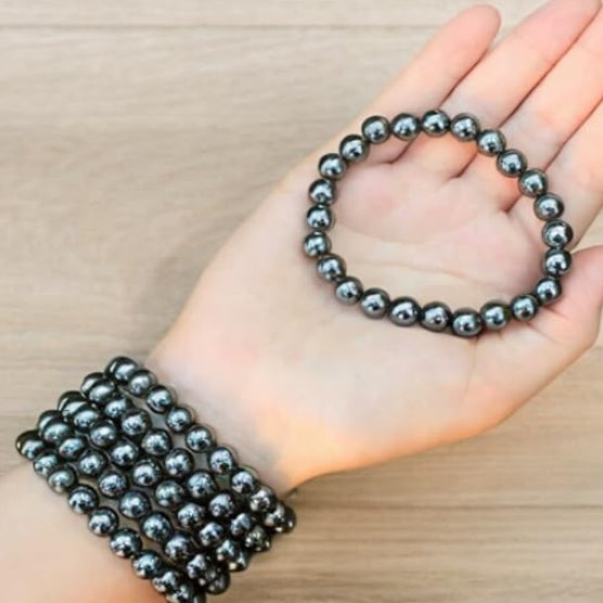 Natural Hematite Bracelet 8-9mm Stretchable Healing Beads Lab Certified for Chakra Balancing & Protection