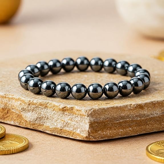 Natural Hematite Bracelet 8-9mm Stretchable Healing Beads Lab Certified for Chakra Balancing & Protection