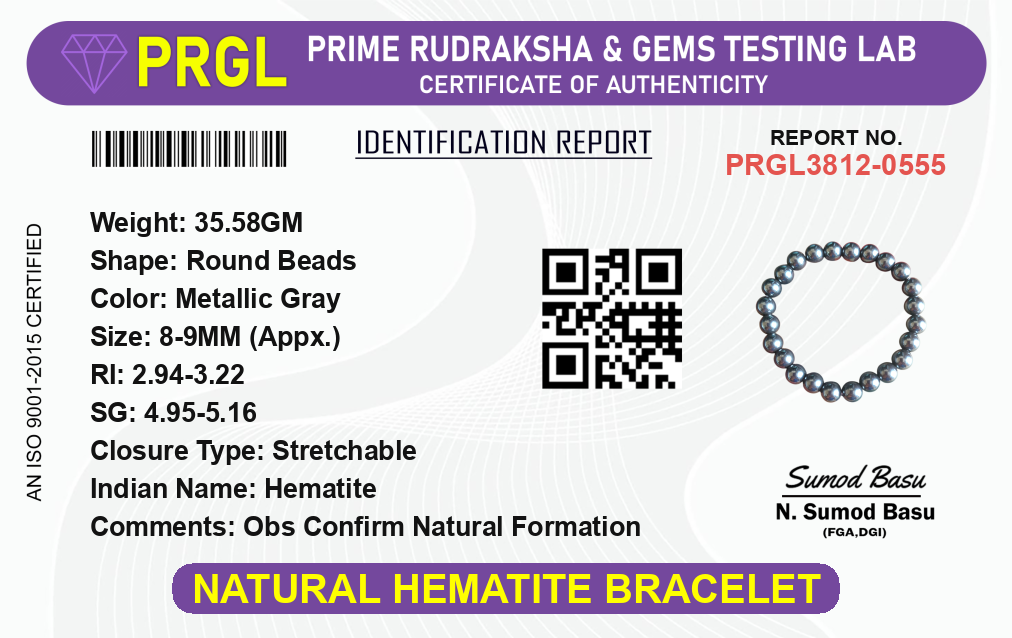 Natural Hematite Bracelet 8-9mm Stretchable Healing Beads Lab Certified for Chakra Balancing & Protection