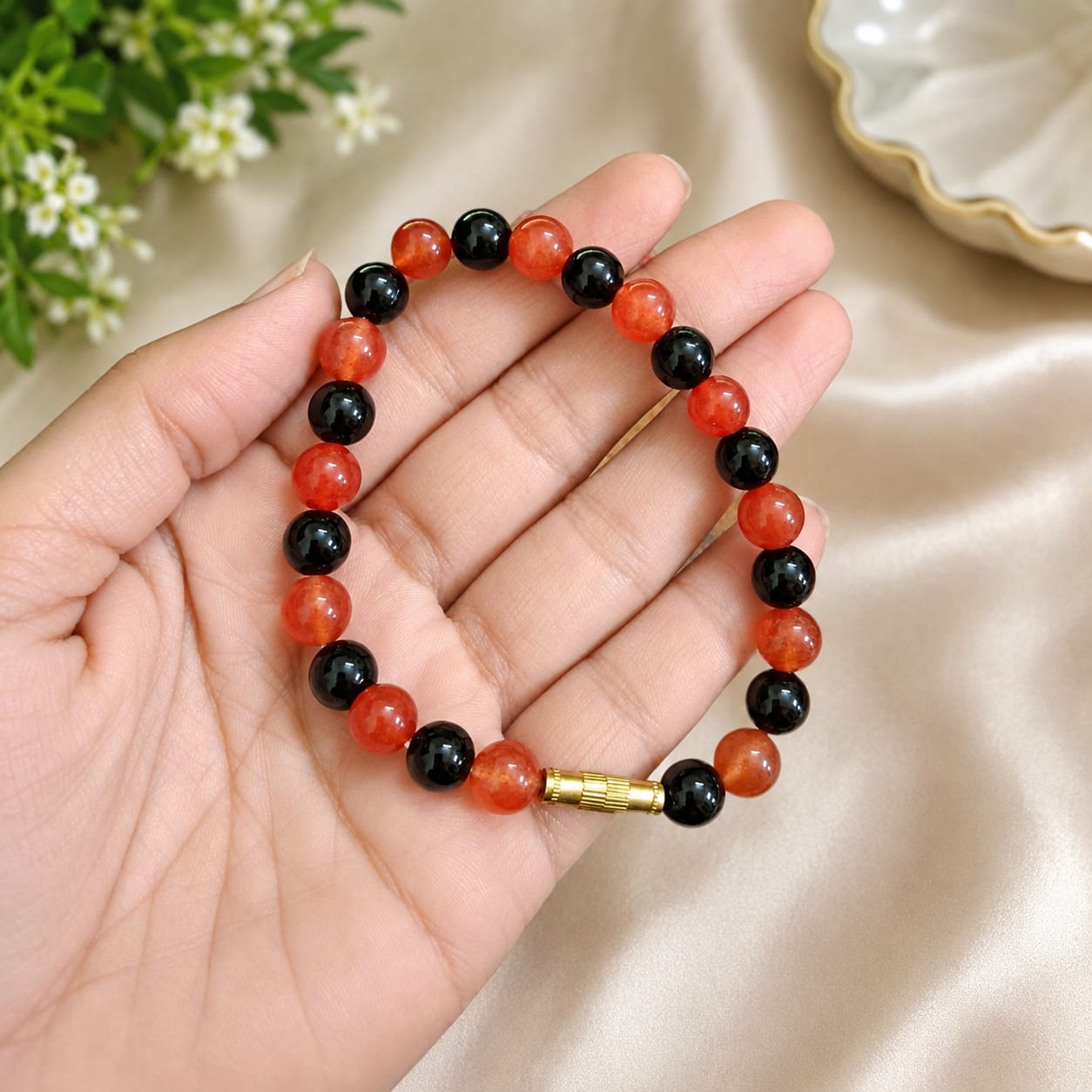 Natural Hessonite Black Agate Bracelet 8MM Lab Certified Gemstone Bracelet for Protection Prosperity Spiritual Healing Daily Wear