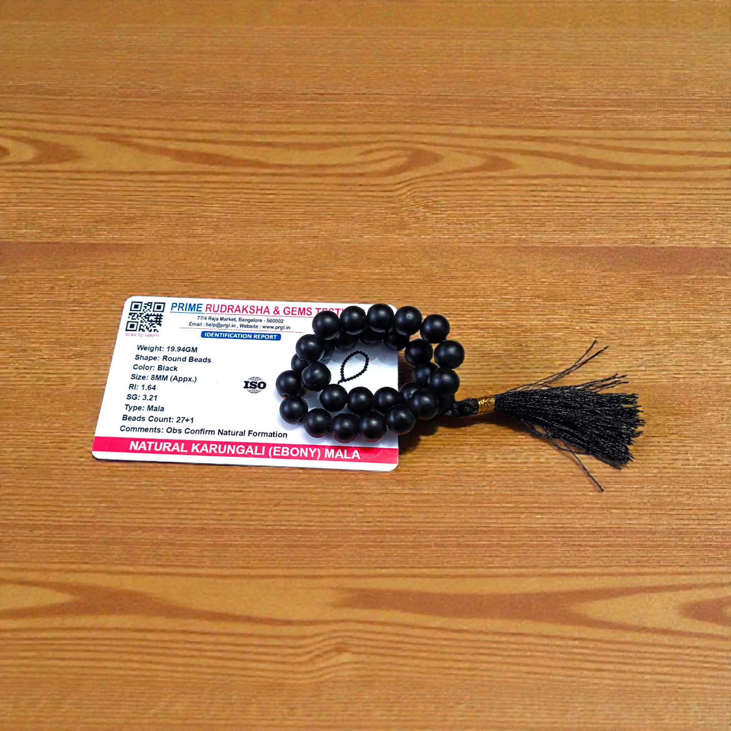 Natural Karungali Mala - Ebony wood beads, 108 beads, 8mm size, lab certified for meditation and prayer