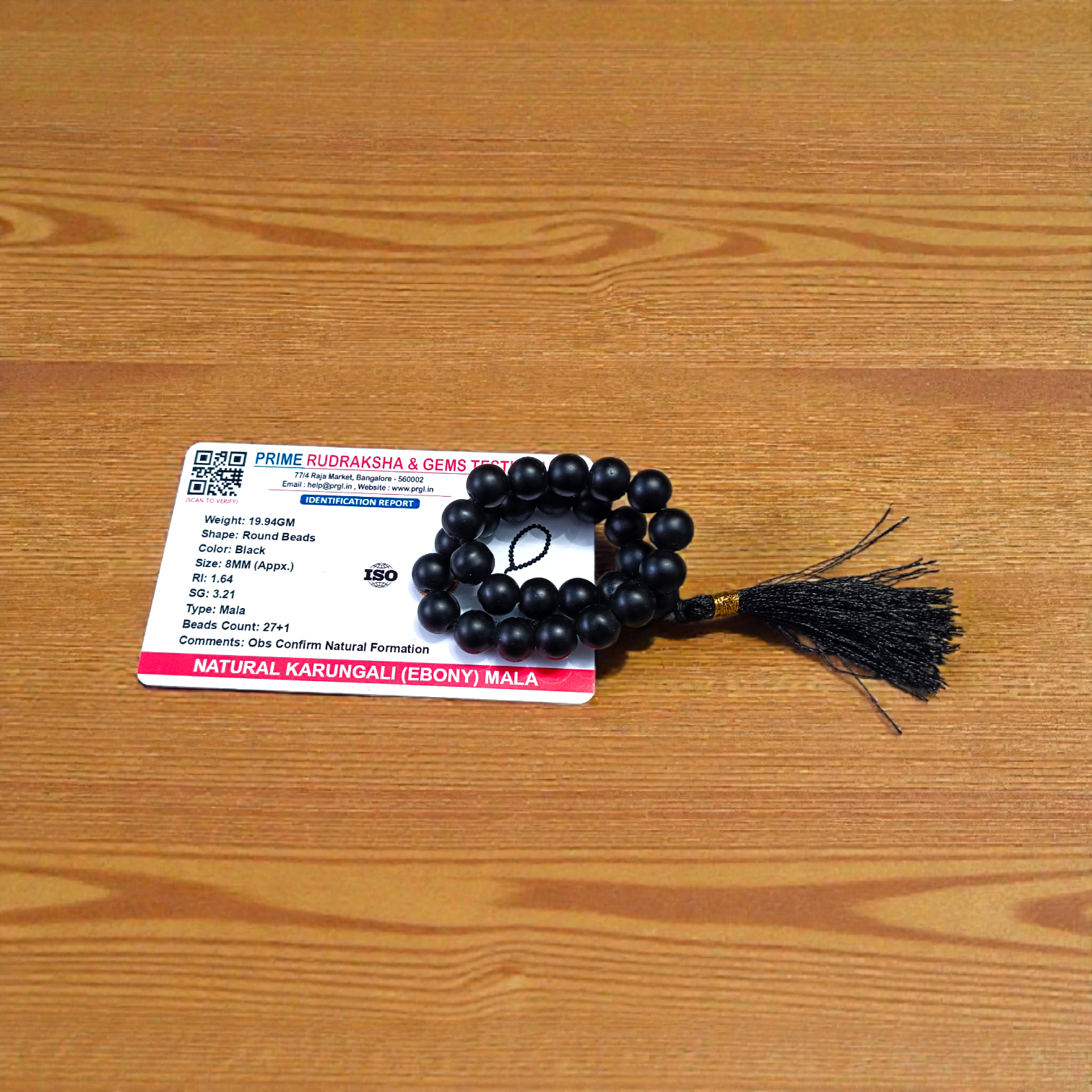 Natural Karungali Mala - Ebony wood beads, 108 beads, 8mm size, lab certified for meditation and prayer