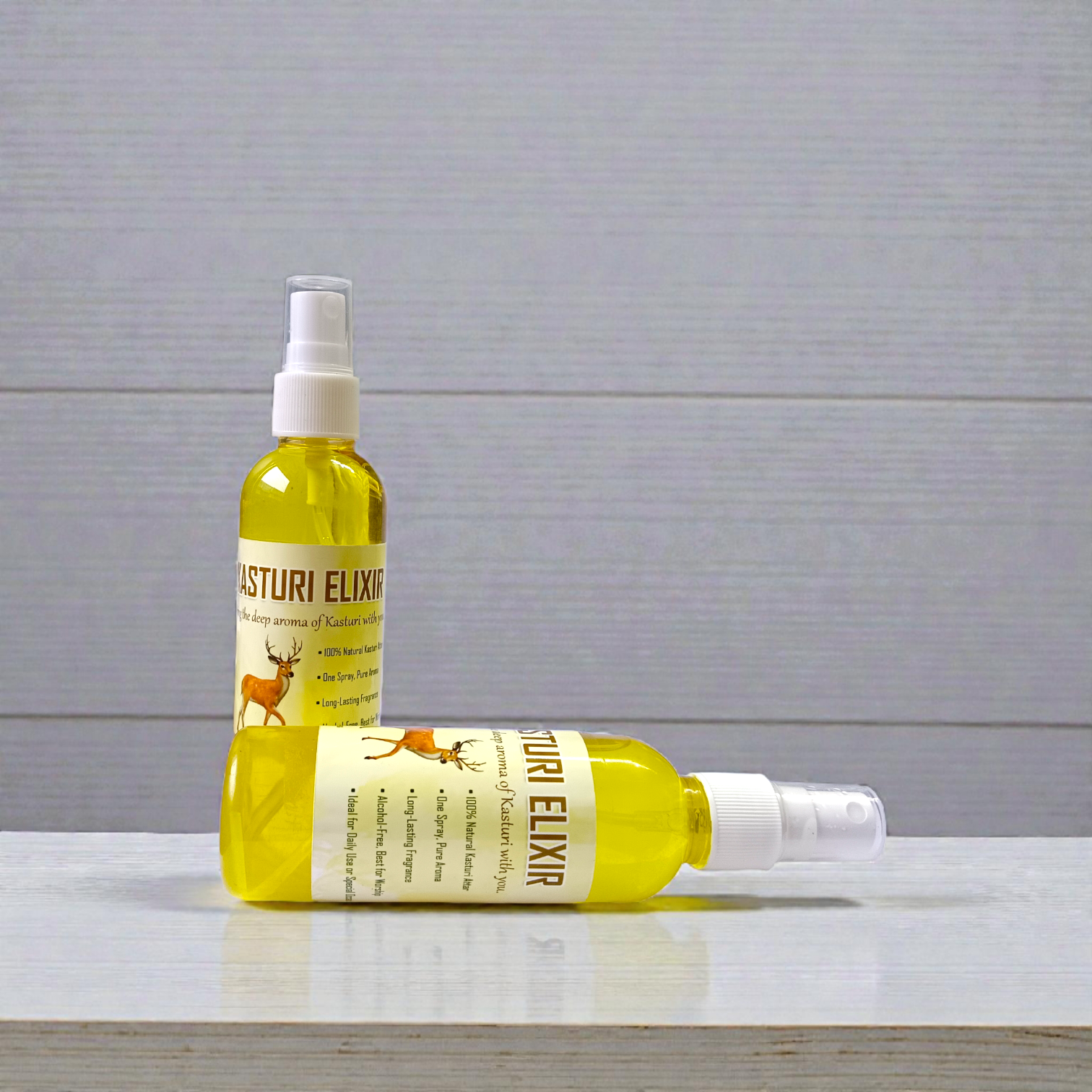 Natural Kasturi Elixir Spray Attar 100ML set of two bottles with premium musky fragrance packaging