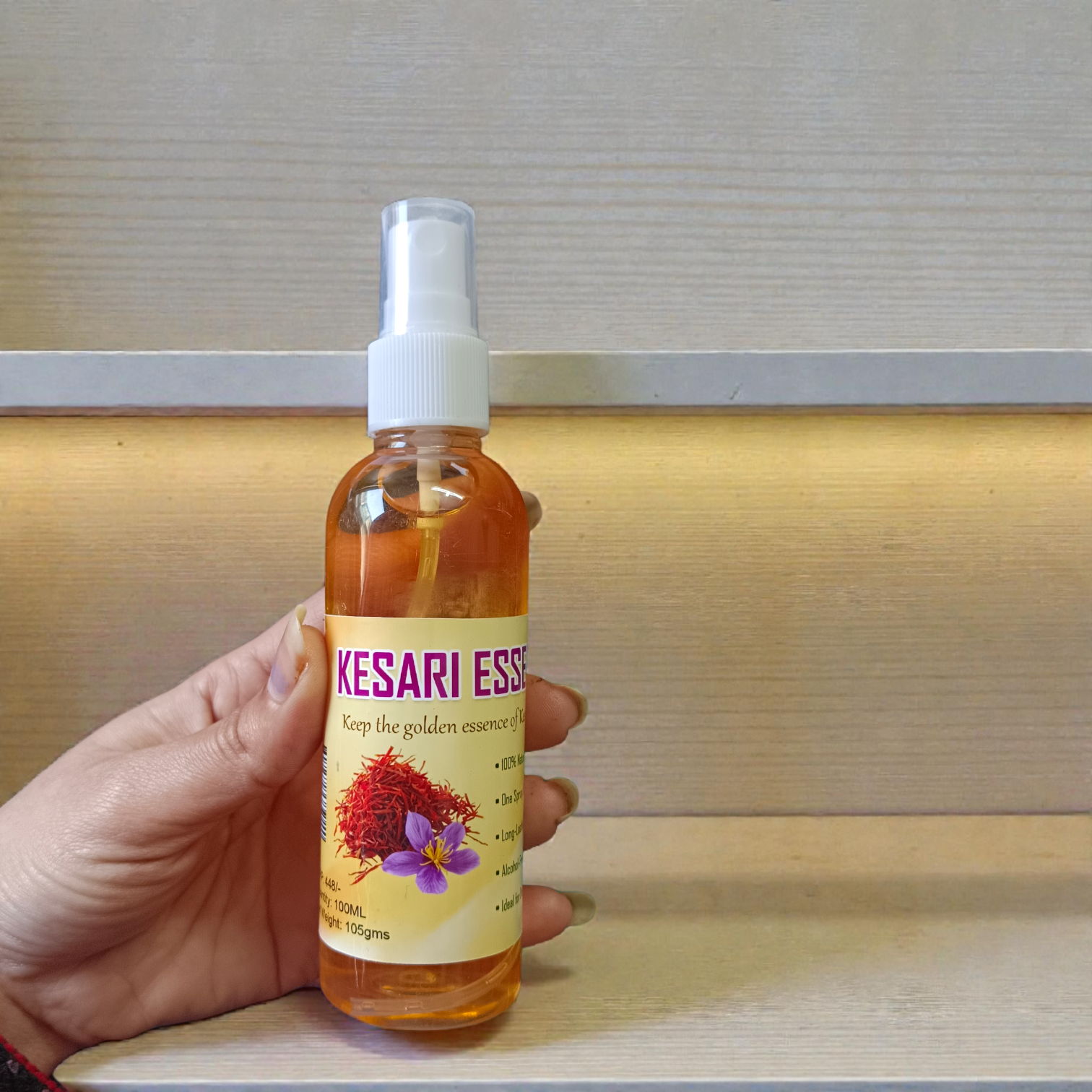 Natural Kesari Essence Spray Attar 100ML bottle with premium saffron-inspired fragrance packaging