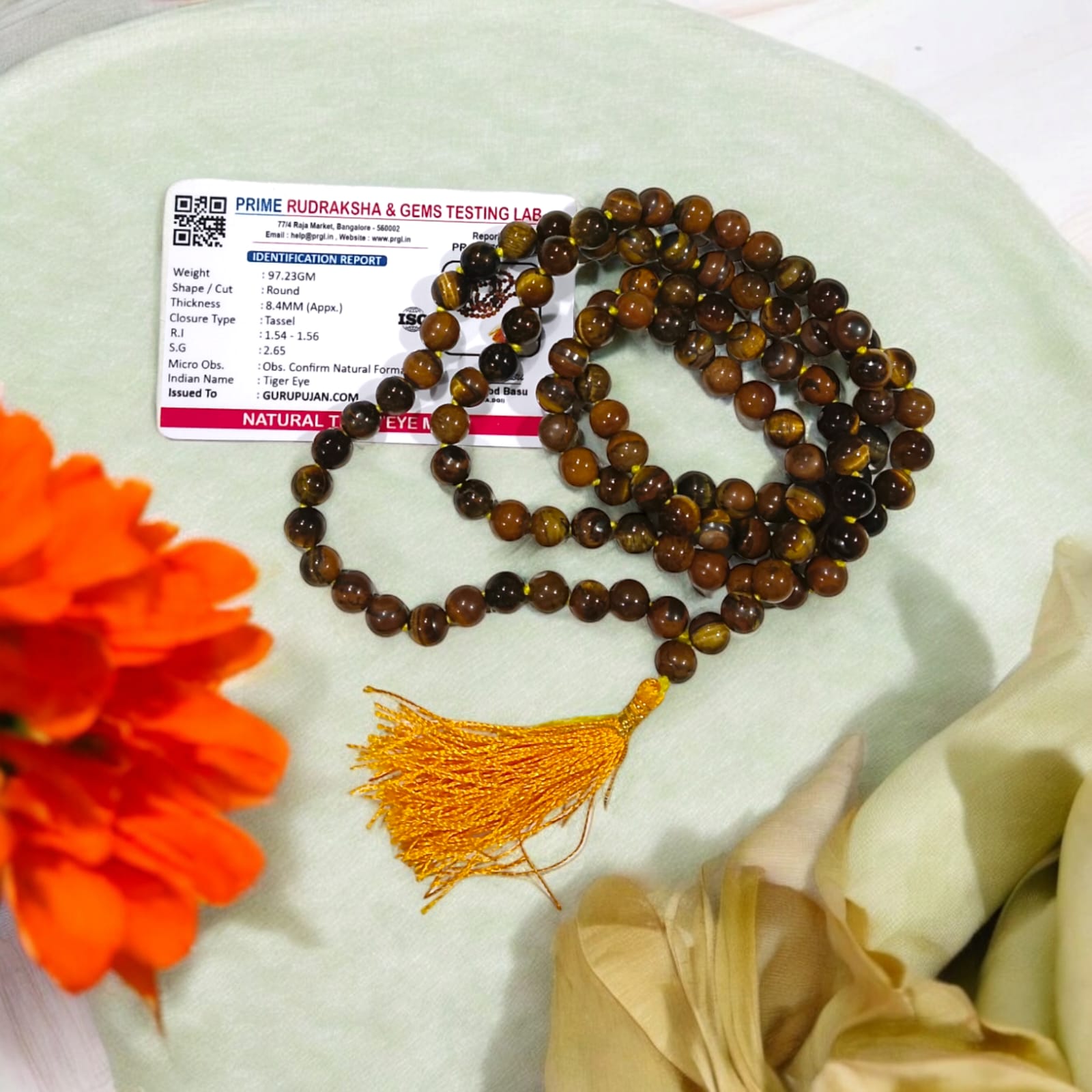 Natural Lab Certified Tiger Eye Mala with 108+1 and 27+1 Beads for Meditation and Healing

