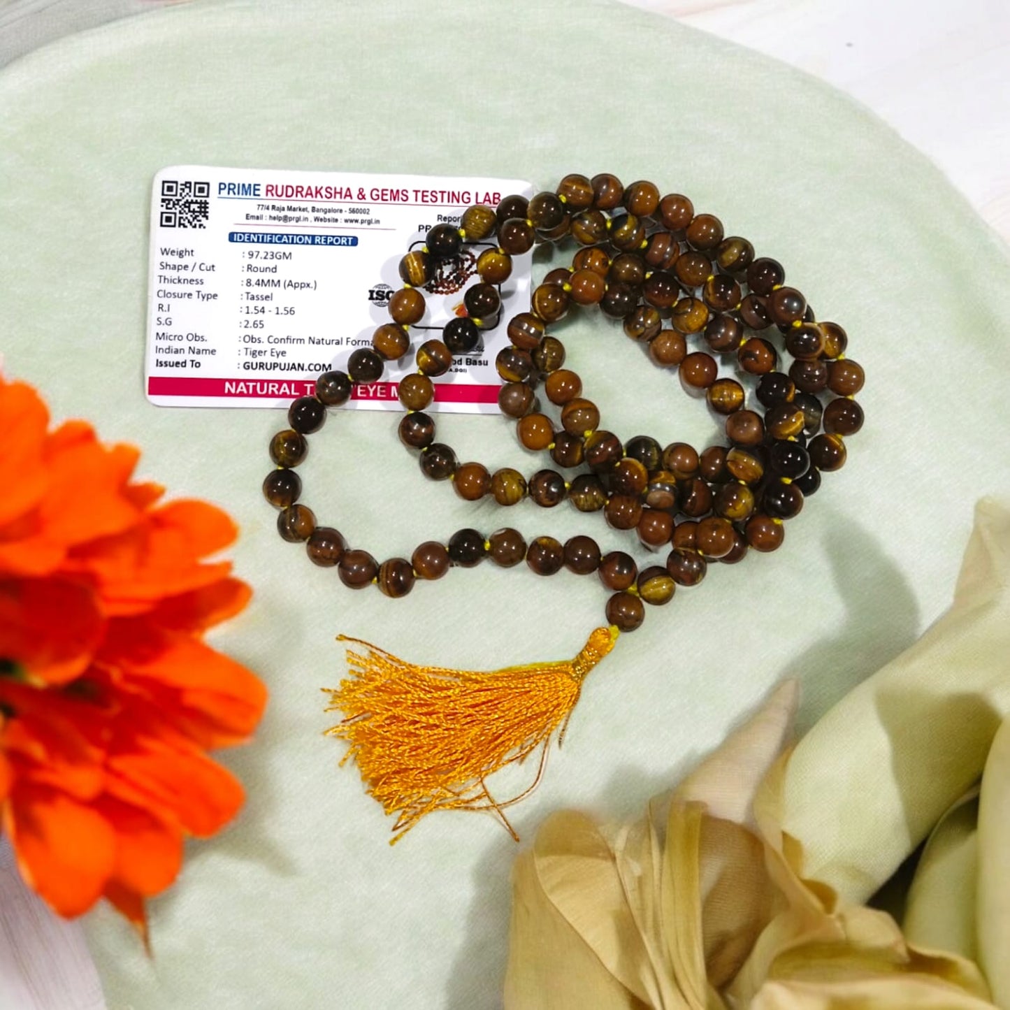 Natural Lab Certified Tiger Eye Mala with 108+1 and 27+1 Beads for Meditation and Healing

