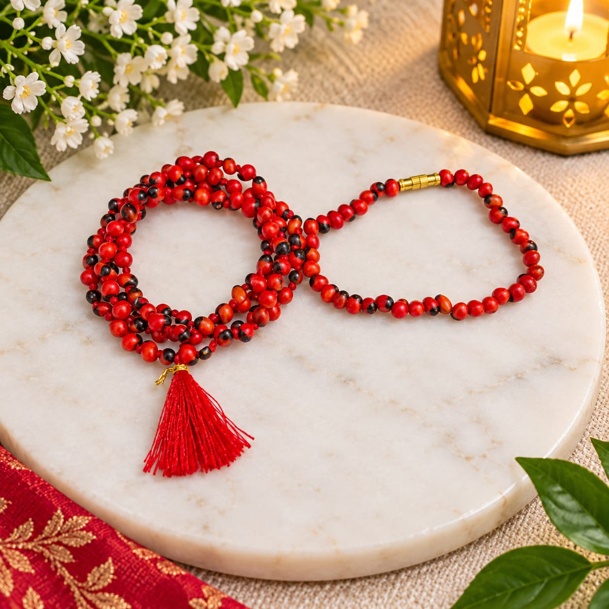 Natural Lal Gunja Mala and Red Gunja Bracelet lab certified spiritual jewellery set