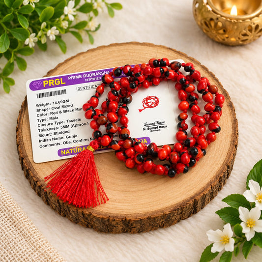 Natural Lal Gunja Mala and Red Gunja Bracelet lab certified spiritual jewellery set