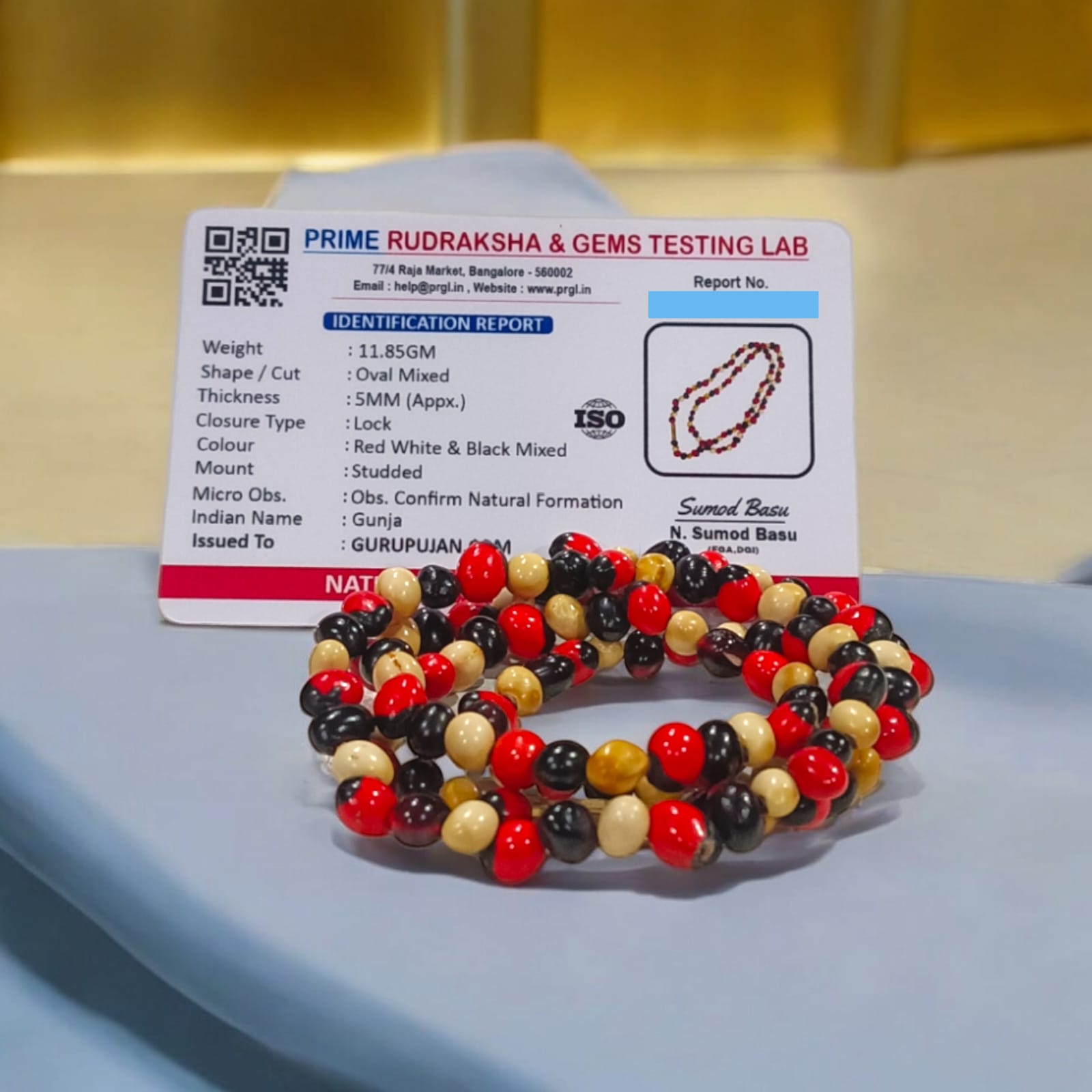 Natural Mix Gunja Mala crafted with a combination of red, white, and black Chirmi beads, ideal for attraction, protection, and financial prosperity.